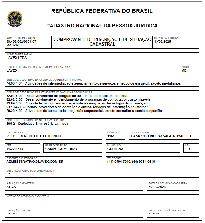 Comprovante de CNPJ Lavex